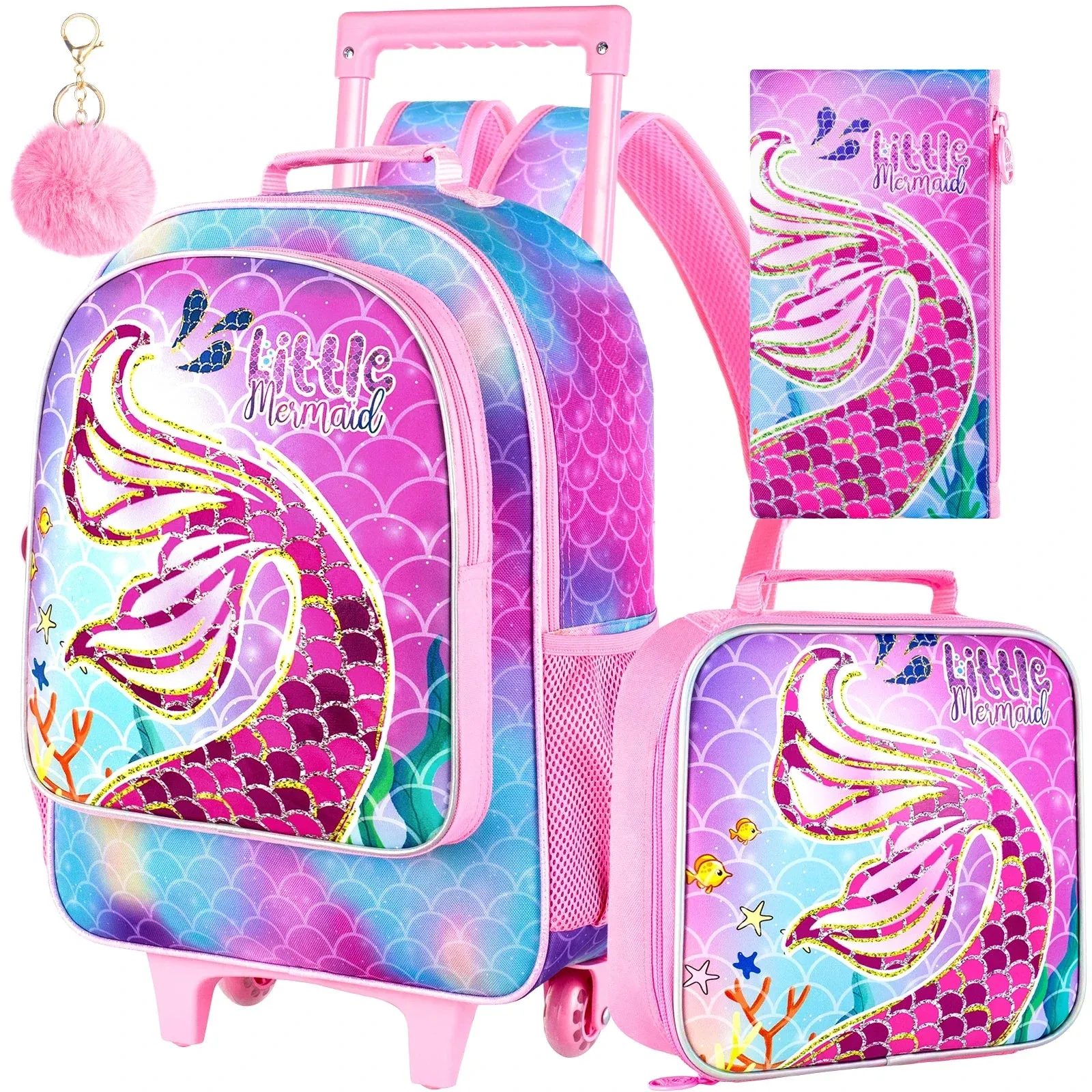 3 Piece Girls Rolling Backpack Set With Lunch Bag Mermaid