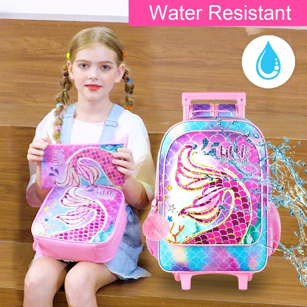 3 Piece Girls Rolling Backpack Set With Lunch Bag Mermaid