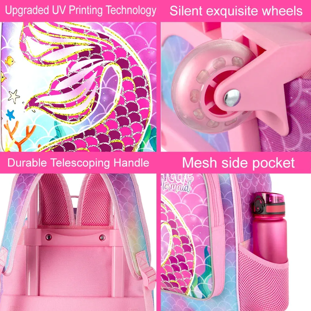 3 Piece Girls Rolling Backpack Set With Lunch Bag Mermaid