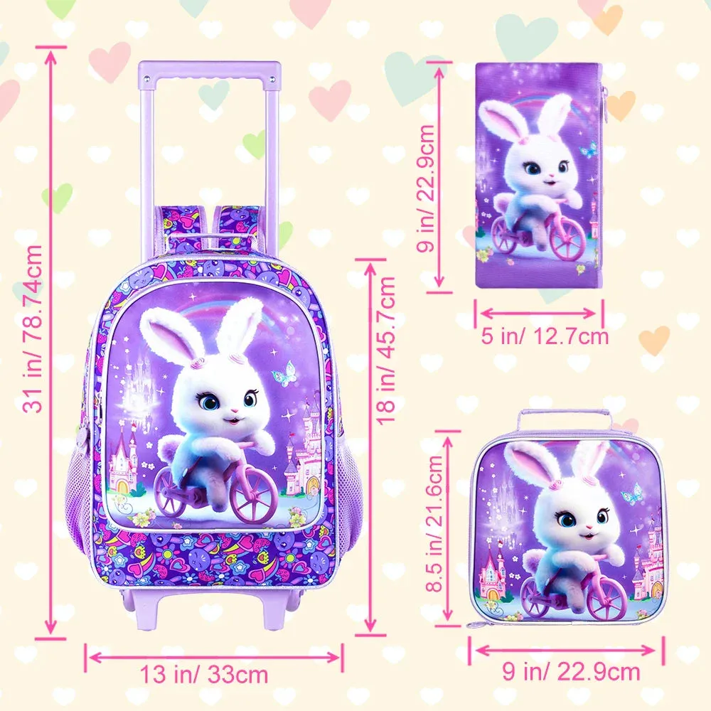 3 Piece Girls Rolling Backpack Set With Lunch Bag Rabbit