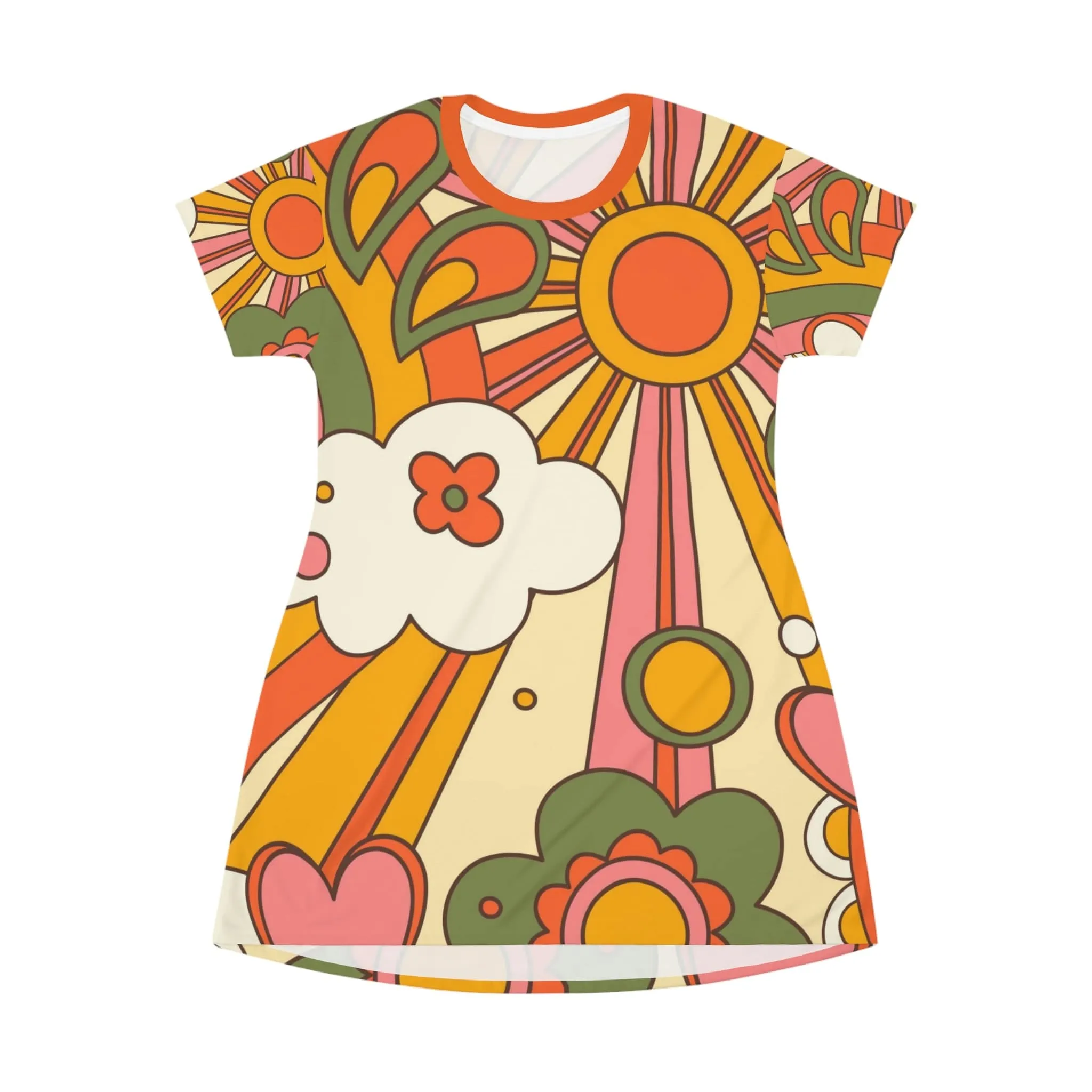 70's Party Dress, Groovy Sun, Flower Power, Hippie, Hipster Vibes, Orange, Yellow, Green T-Shirt Dress
