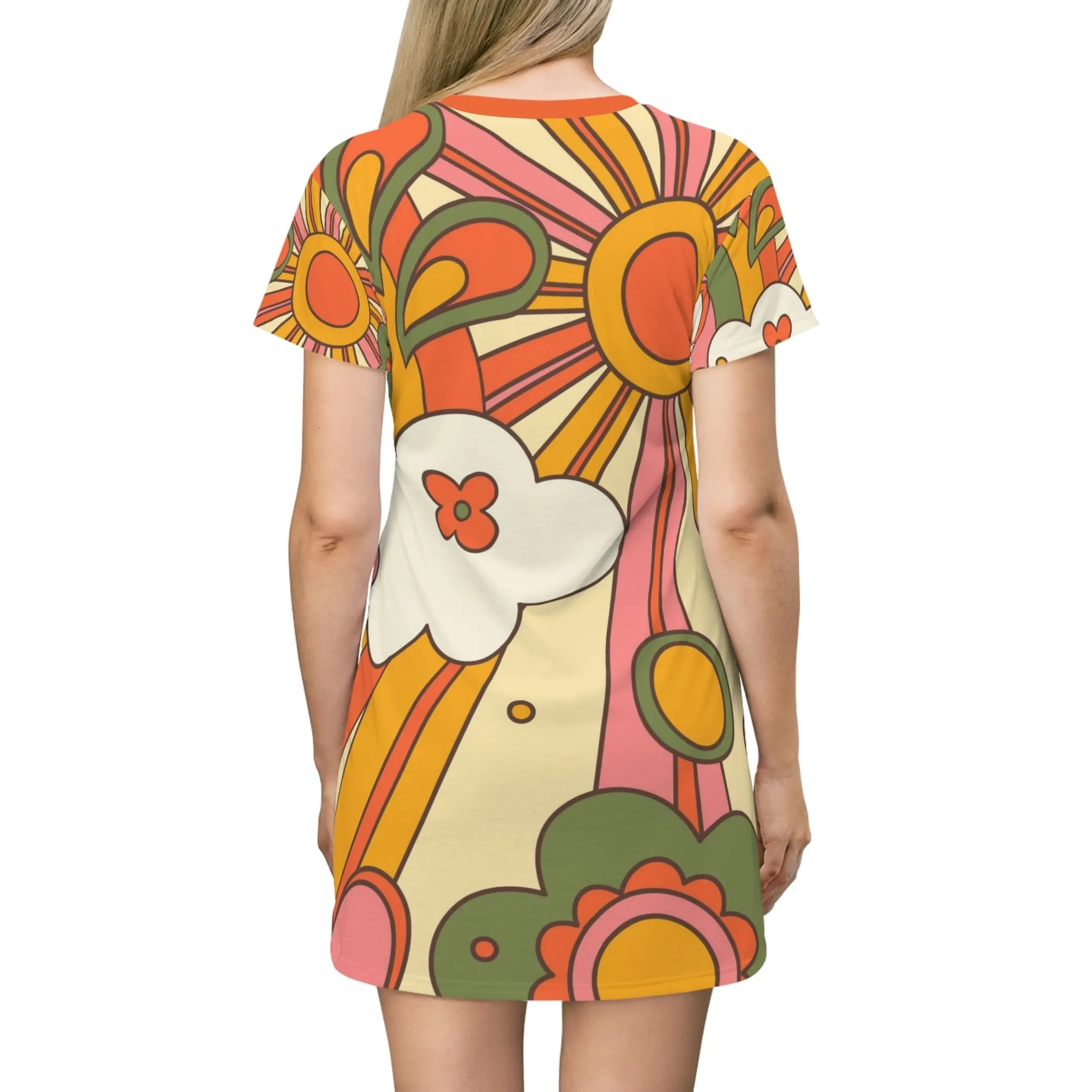 70's Party Dress, Groovy Sun, Flower Power, Hippie, Hipster Vibes, Orange, Yellow, Green T-Shirt Dress