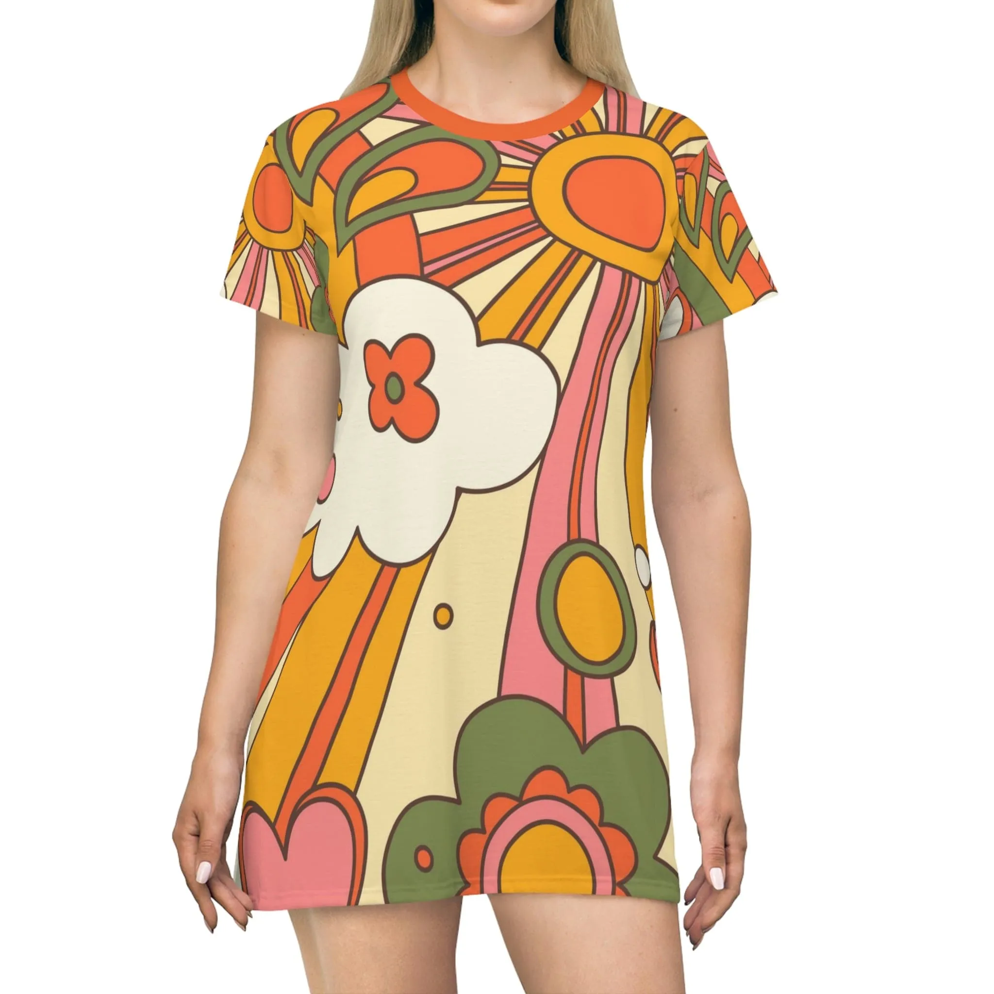 70's Party Dress, Groovy Sun, Flower Power, Hippie, Hipster Vibes, Orange, Yellow, Green T-Shirt Dress