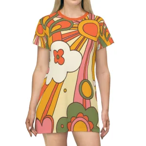 70's Party Dress, Groovy Sun, Flower Power, Hippie, Hipster Vibes, Orange, Yellow, Green T-Shirt Dress