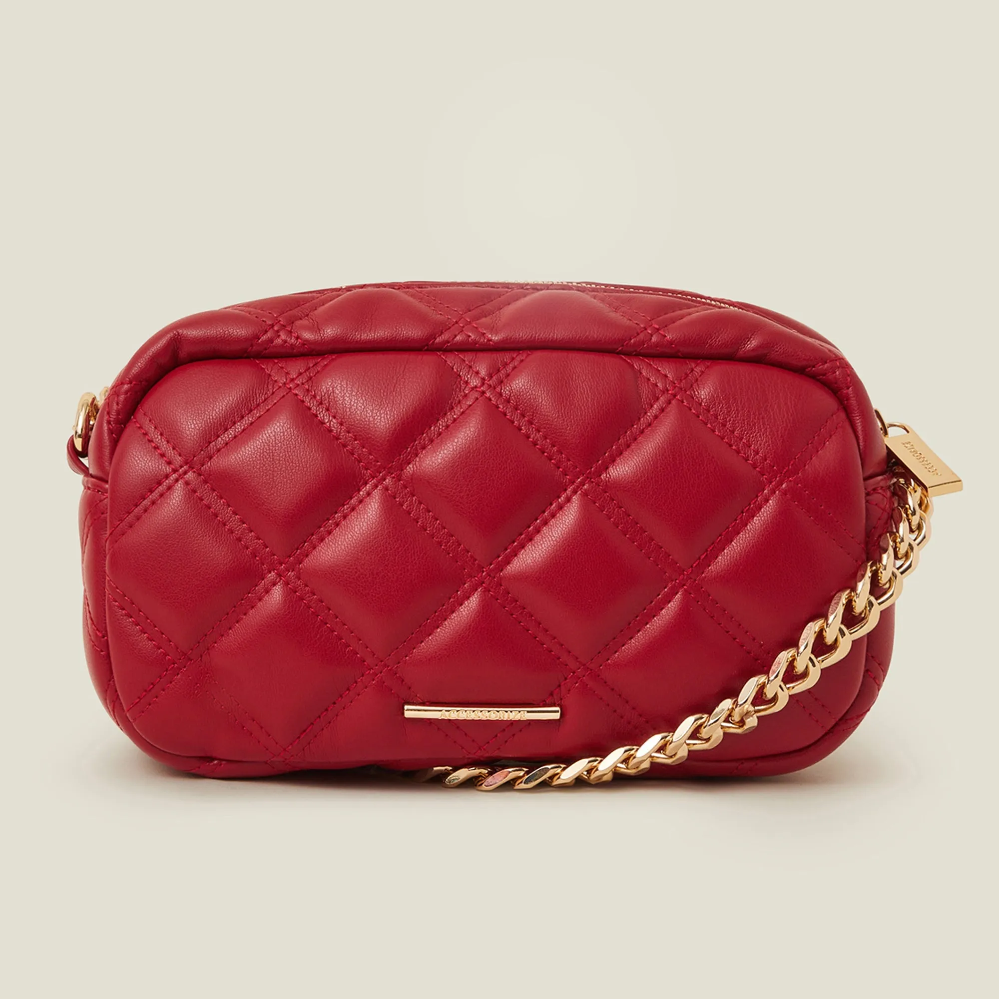 Accessorize London Women's Red Quilted Chunky Chain Camera Bag
