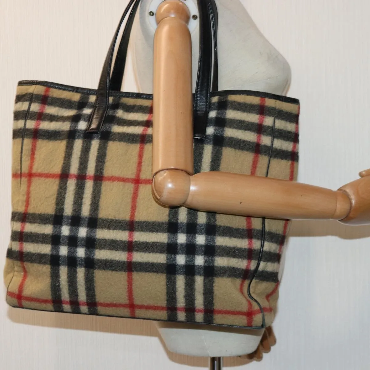 BURBERRY Nova Check Blue Label Shoulder Bag Wool Beige Silver  85897
