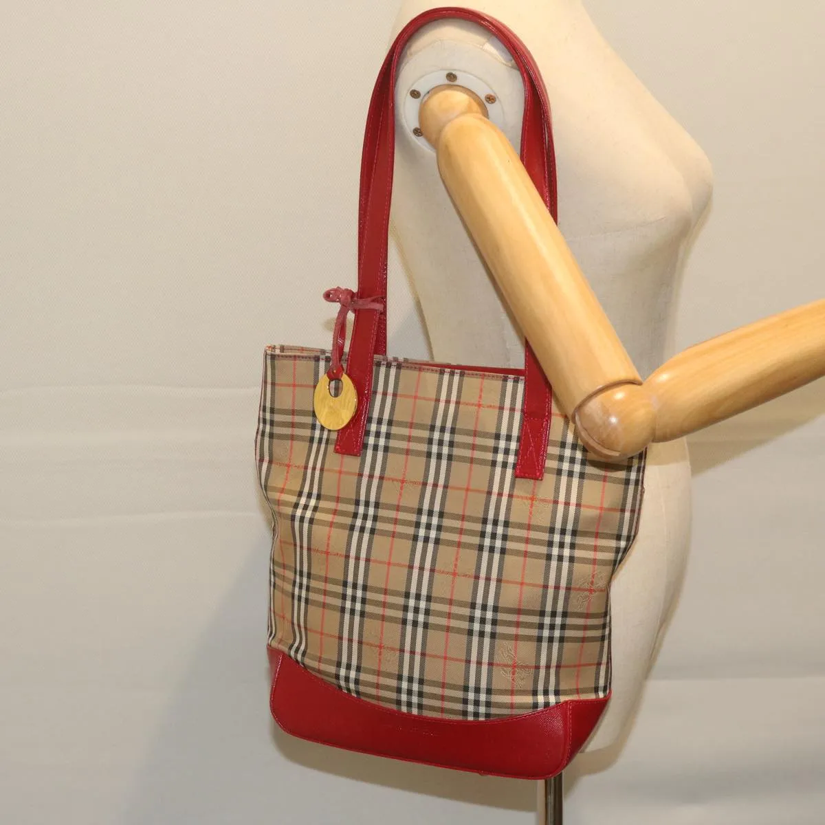 BURBERRY Nova Check Tote Bag Nylon Leather Beige Red  62340