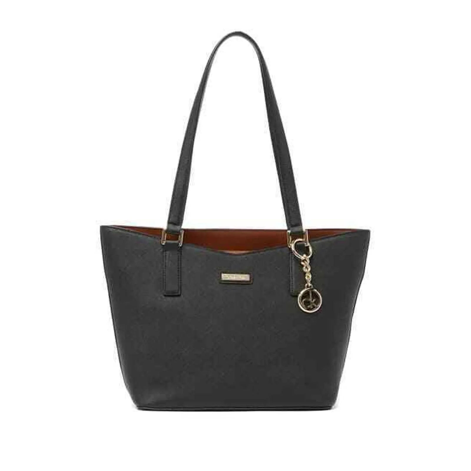 CALVIN KLEIN KEY SAFFIANO LEATHER TOTE DOUBLE STRAP, BLACK GOLD