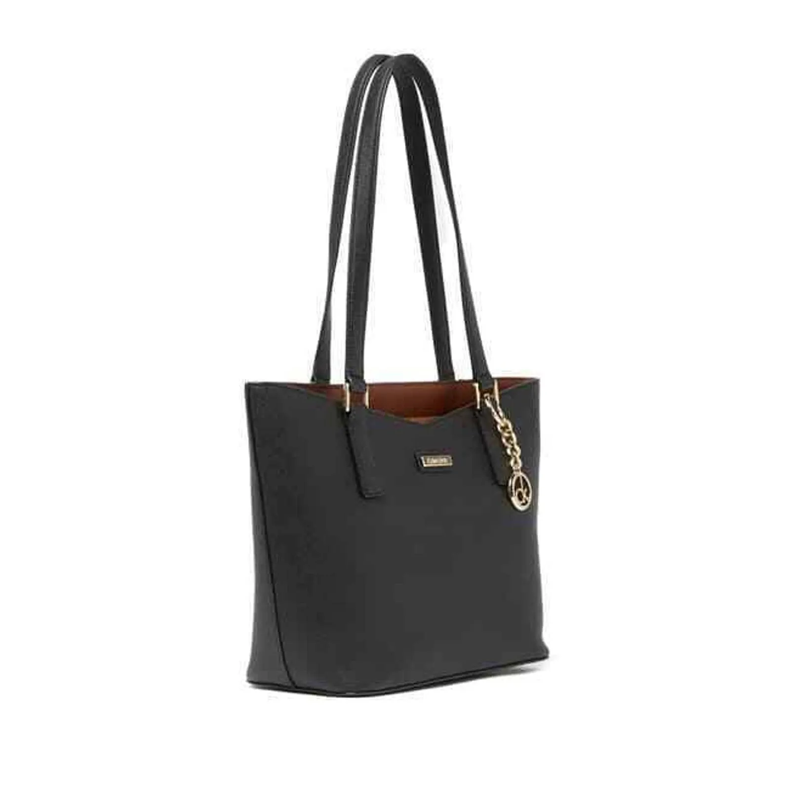 CALVIN KLEIN KEY SAFFIANO LEATHER TOTE DOUBLE STRAP, BLACK GOLD