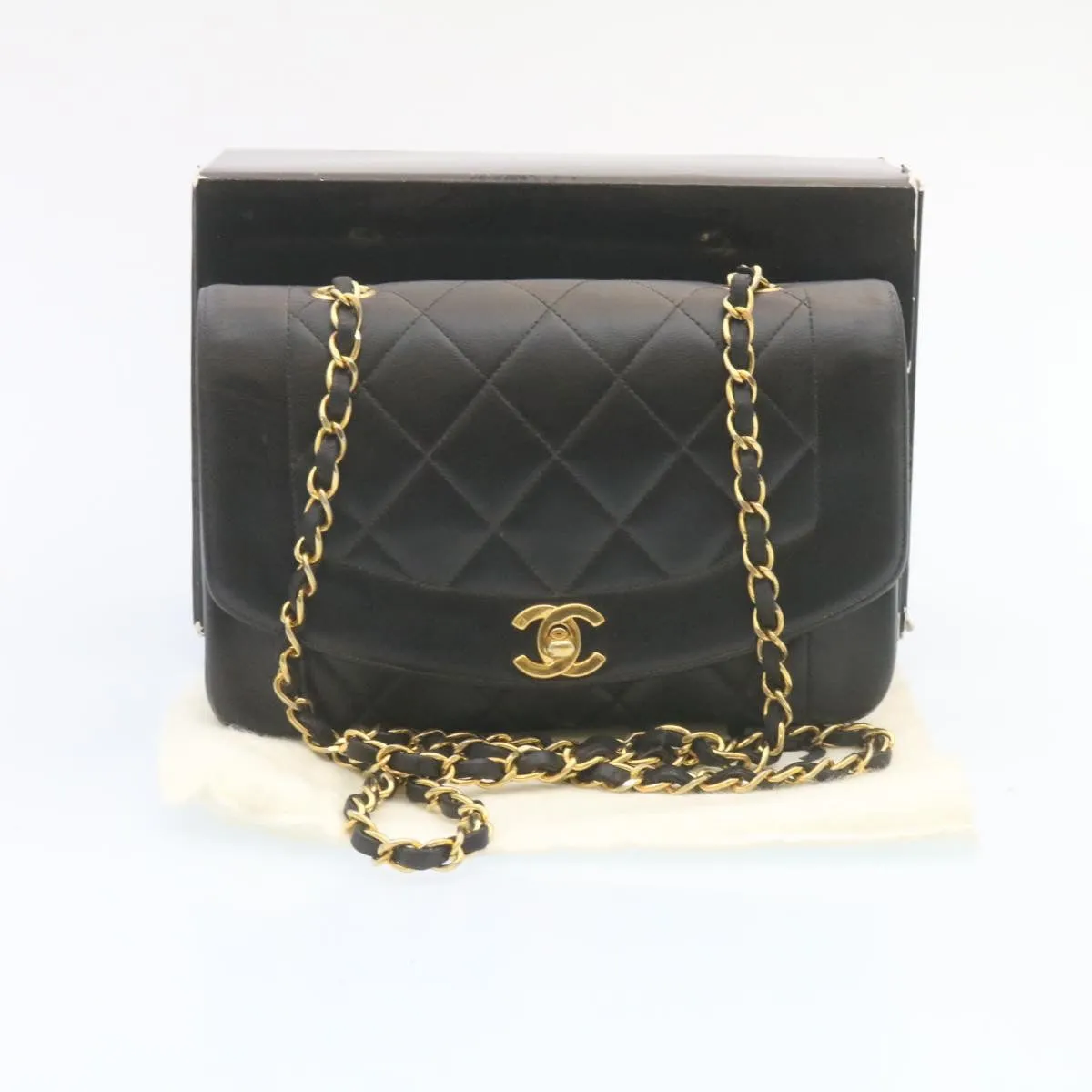 Chanel Chain Turn Lock Diana Matelasse Shoulder Bag Lamb Skin Black  28470A