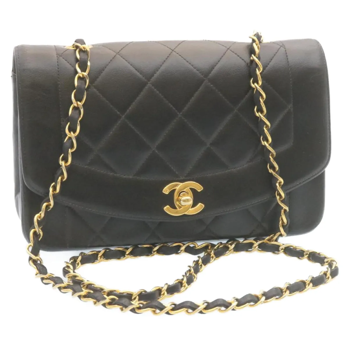 Chanel Chain Turn Lock Diana Matelasse Shoulder Bag Lamb Skin Black  28470A