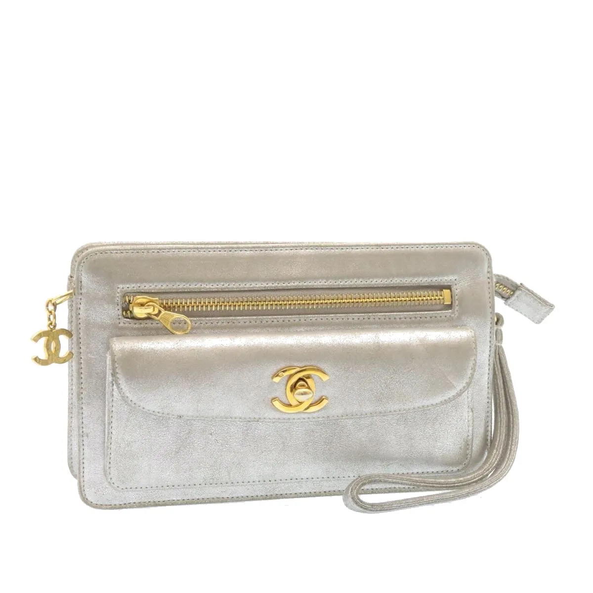 Chanel Clutch Bag Leather Silver CC Auth 26857A