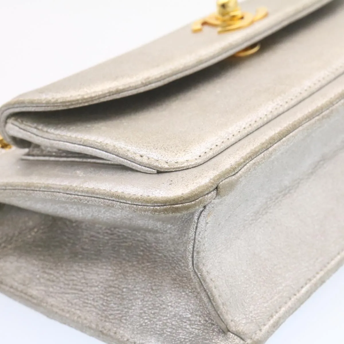 Chanel Clutch Bag Leather Silver CC Auth 26857A