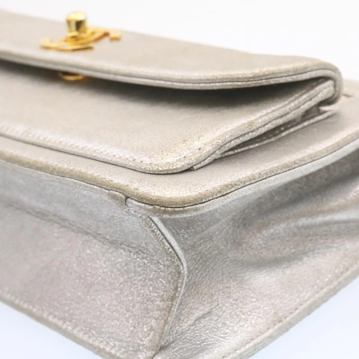 Chanel Clutch Bag Leather Silver CC Auth 26857A