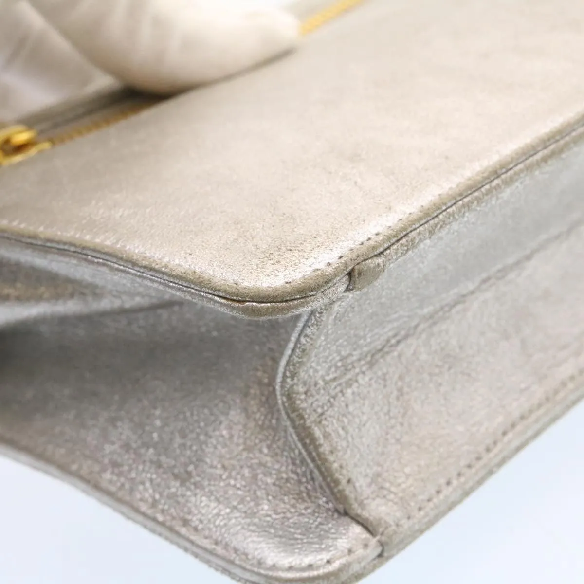 Chanel Clutch Bag Leather Silver CC Auth 26857A