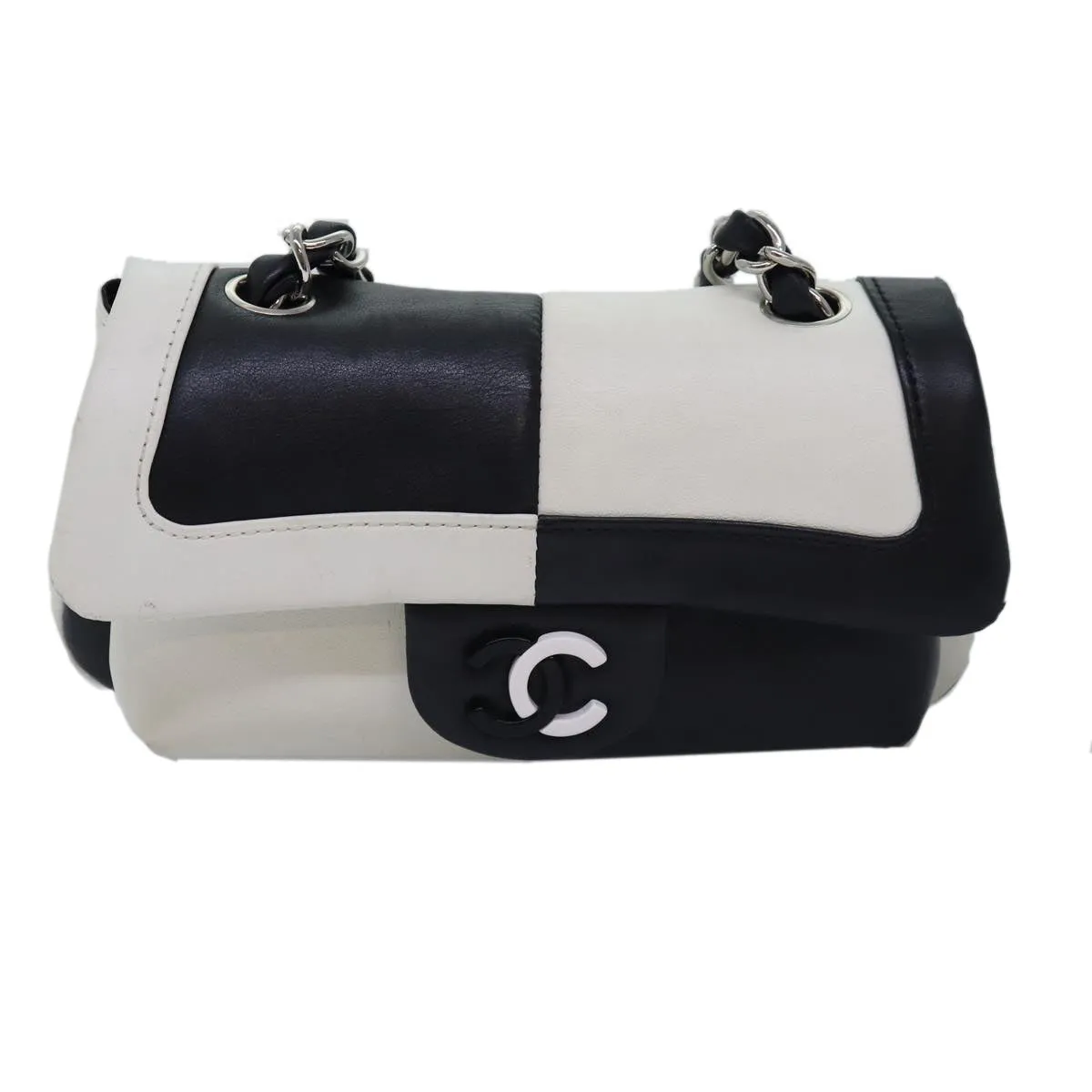 CHANEL COCO Mark Chain Shoulder Bag Lamb Skin Black White CC Auth yk12940A