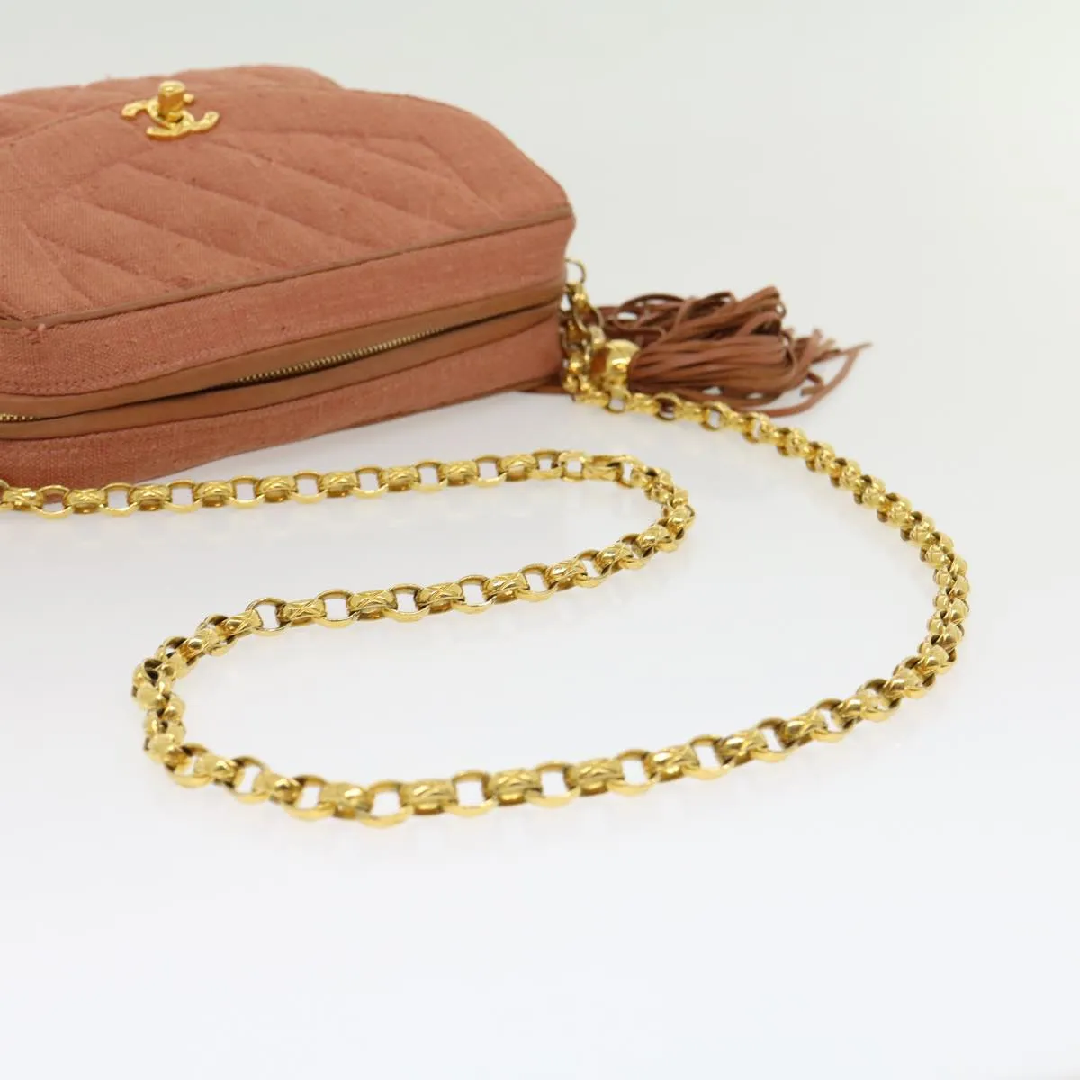 Chanel Diana Turn Lock Chain Shoulder Bag Linen Fringe Pink CC  30153A