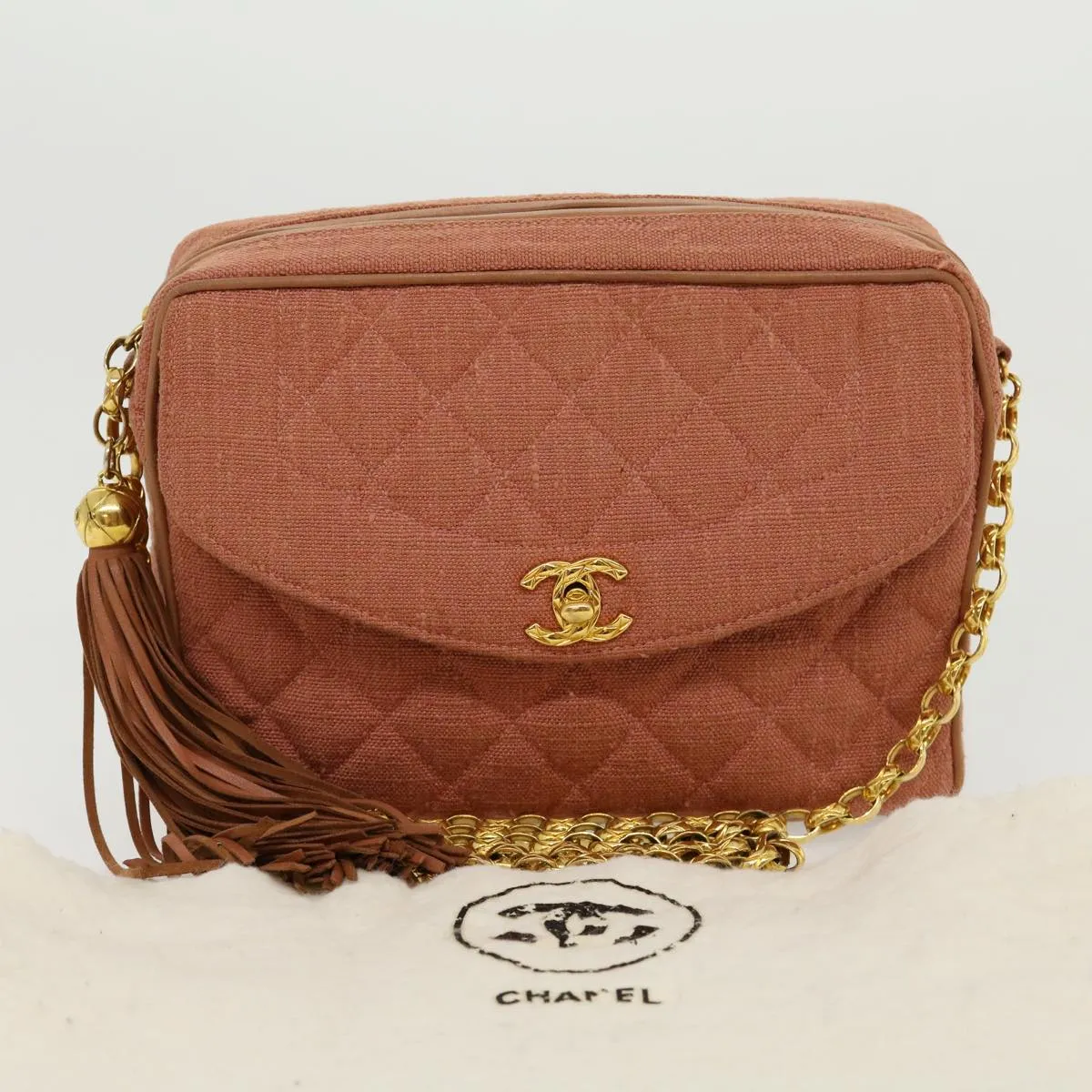 Chanel Diana Turn Lock Chain Shoulder Bag Linen Fringe Pink CC  30153A