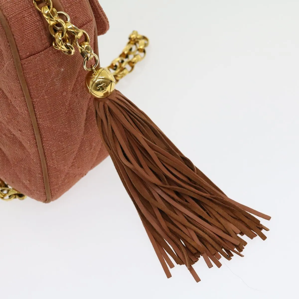 Chanel Diana Turn Lock Chain Shoulder Bag Linen Fringe Pink CC  30153A