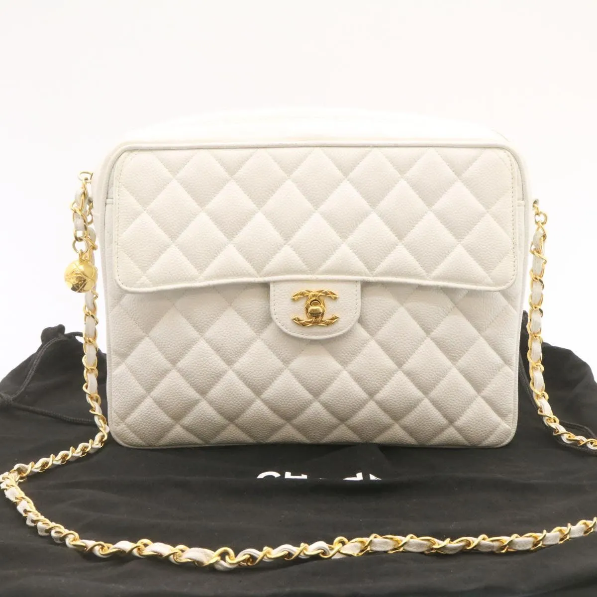 Chanel Matelasse Chain Shoulder Bag Caviar Skin Gold White CC  am1370gA