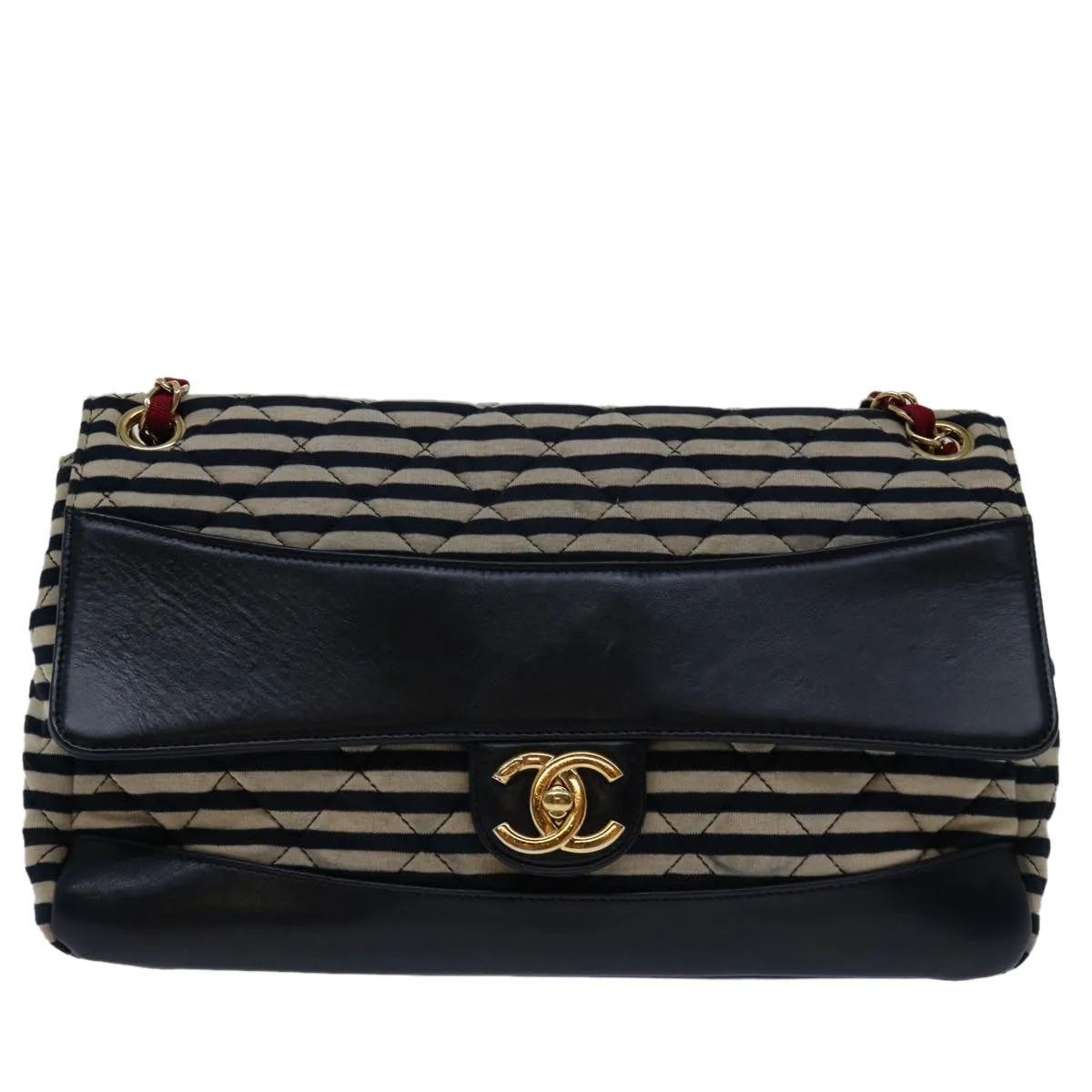 CHANEL Matelasse Chain Shoulder Bag Cotton White Navy CC Auth 69062A