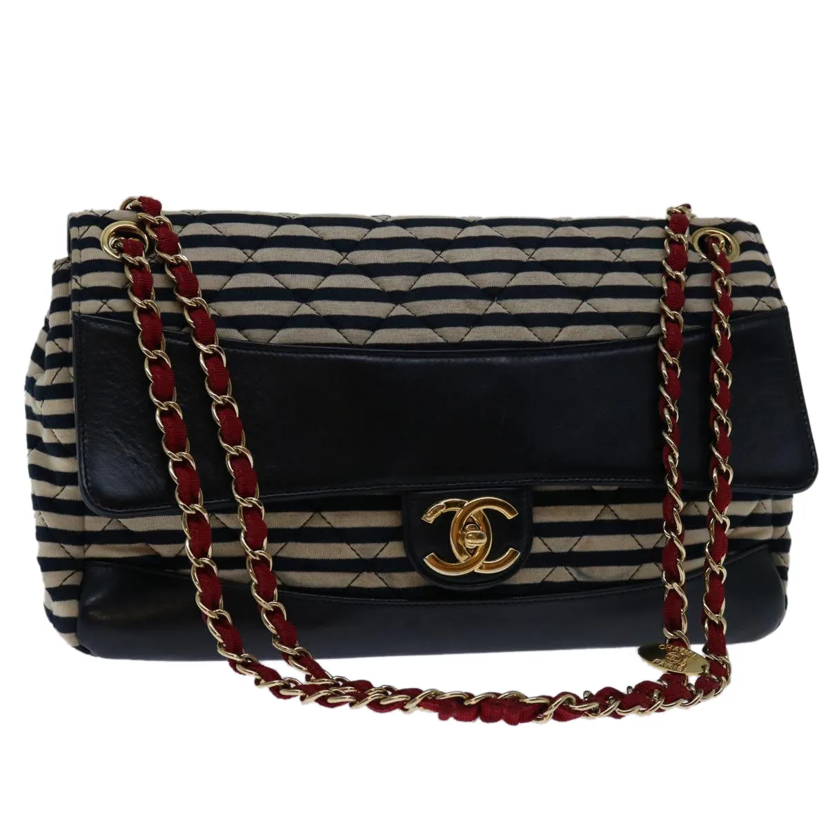 CHANEL Matelasse Chain Shoulder Bag Cotton White Navy CC Auth 69062A