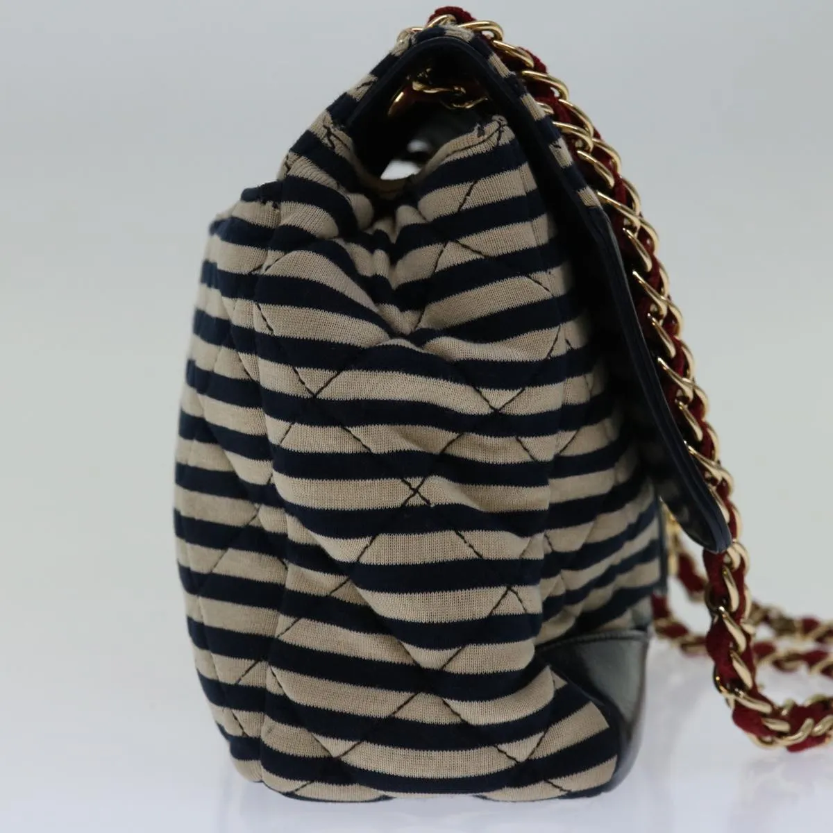 CHANEL Matelasse Chain Shoulder Bag Cotton White Navy CC Auth 69062A