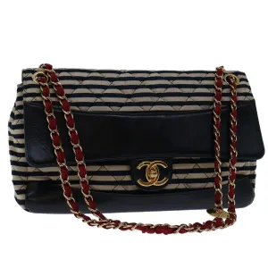 CHANEL Matelasse Chain Shoulder Bag Cotton White Navy CC Auth 69062A