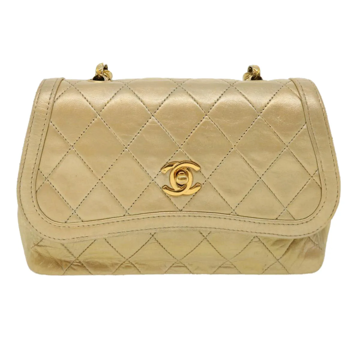 Chanel Matelasse Turn Lock Chain Shoulder Bag Lamb Skin Gold CC  31382A