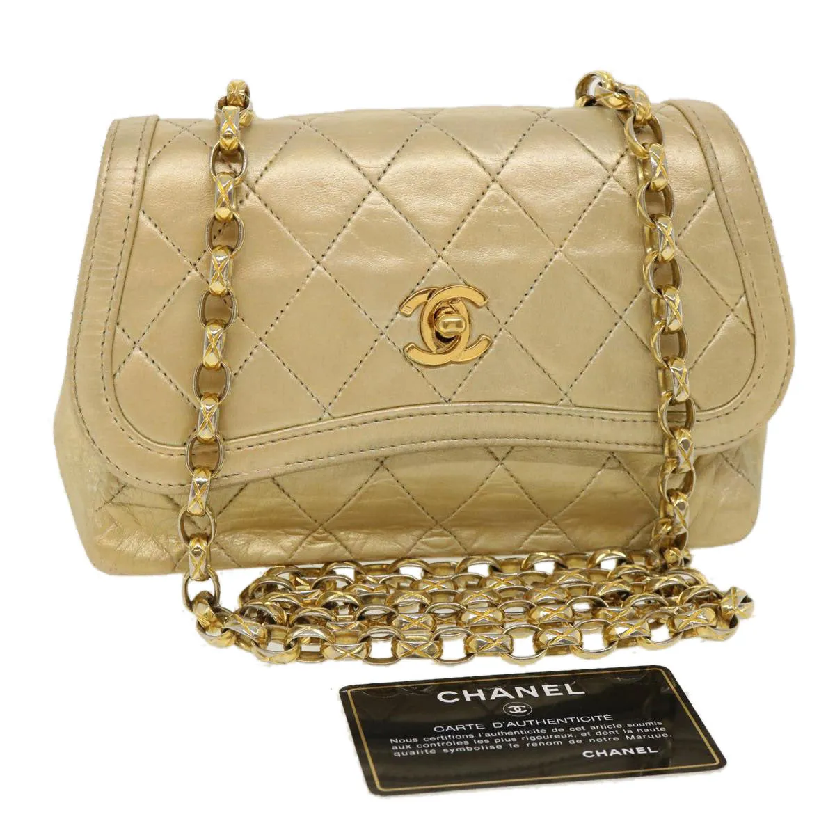 Chanel Matelasse Turn Lock Chain Shoulder Bag Lamb Skin Gold CC  31382A