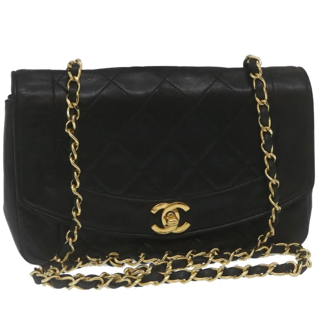 Chanel Matelasse Turn Lock Diana Chain Shoulder Bag Lamb Skin Black  lt403A