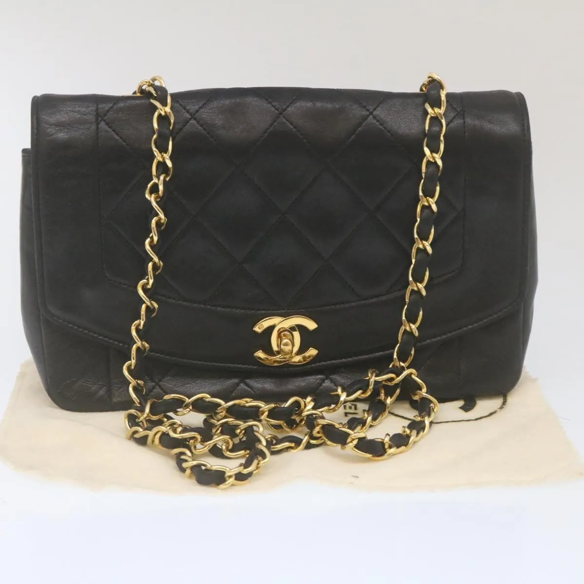 Chanel Matelasse Turn Lock Diana Chain Shoulder Bag Lamb Skin Black  lt403A