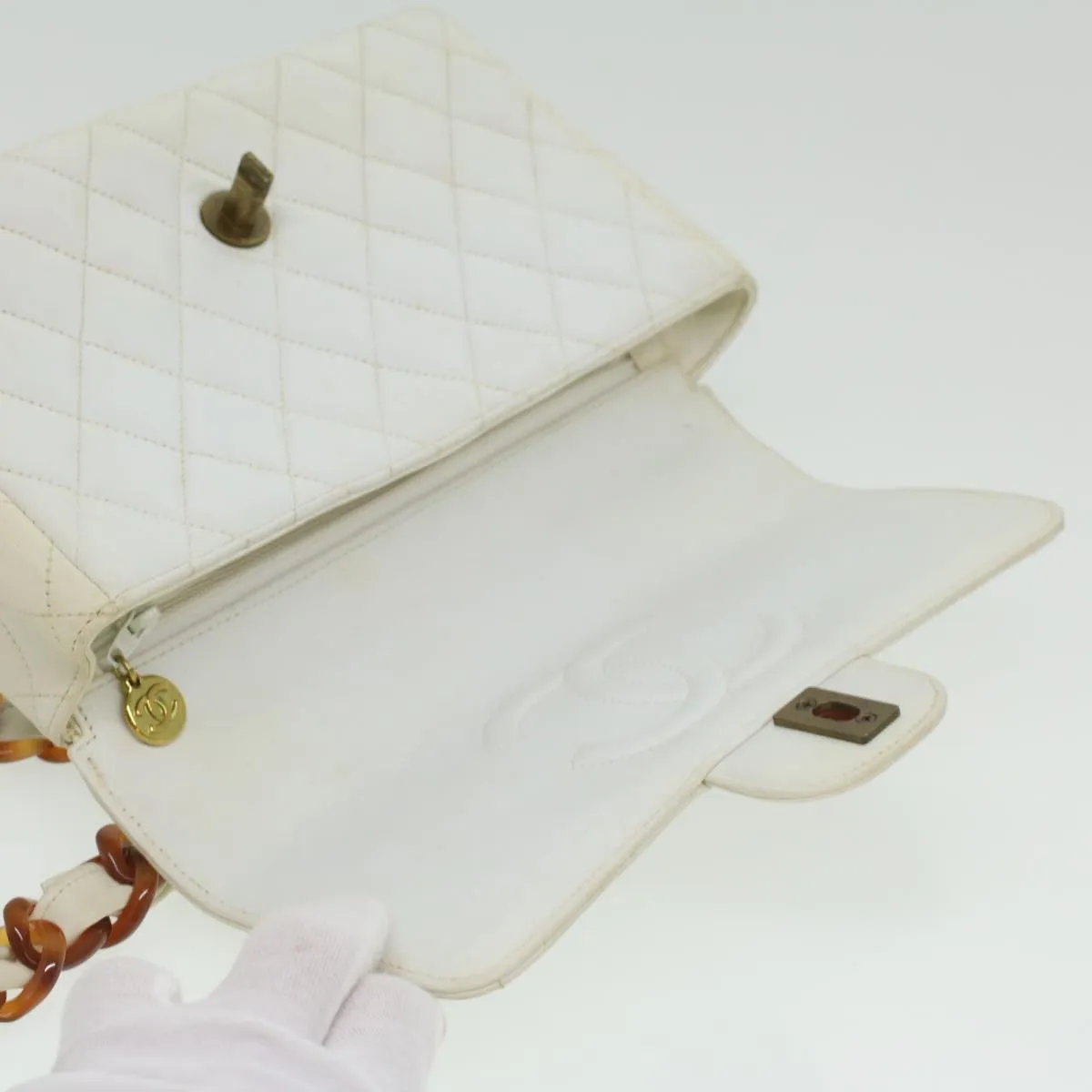 Chanel Matelasse Turn Lock Shoulder Bag Lamb Skin Brown White CC  32160A
