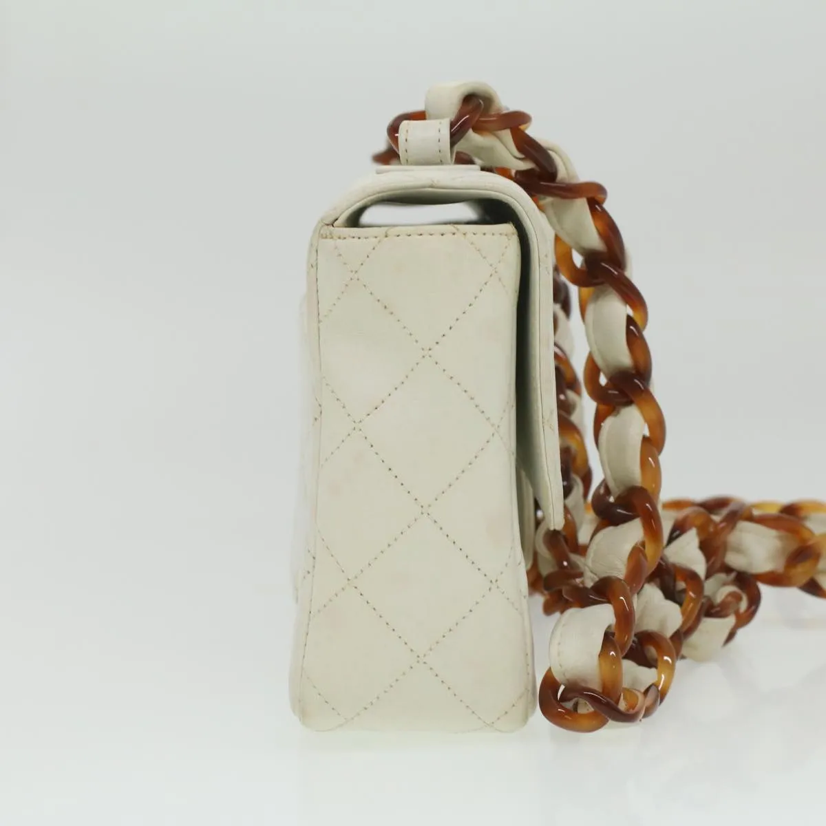 Chanel Matelasse Turn Lock Shoulder Bag Lamb Skin Brown White CC  32160A