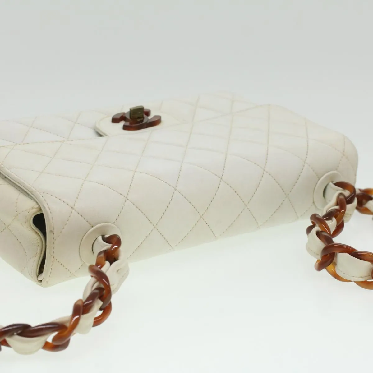 Chanel Matelasse Turn Lock Shoulder Bag Lamb Skin Brown White CC  32160A