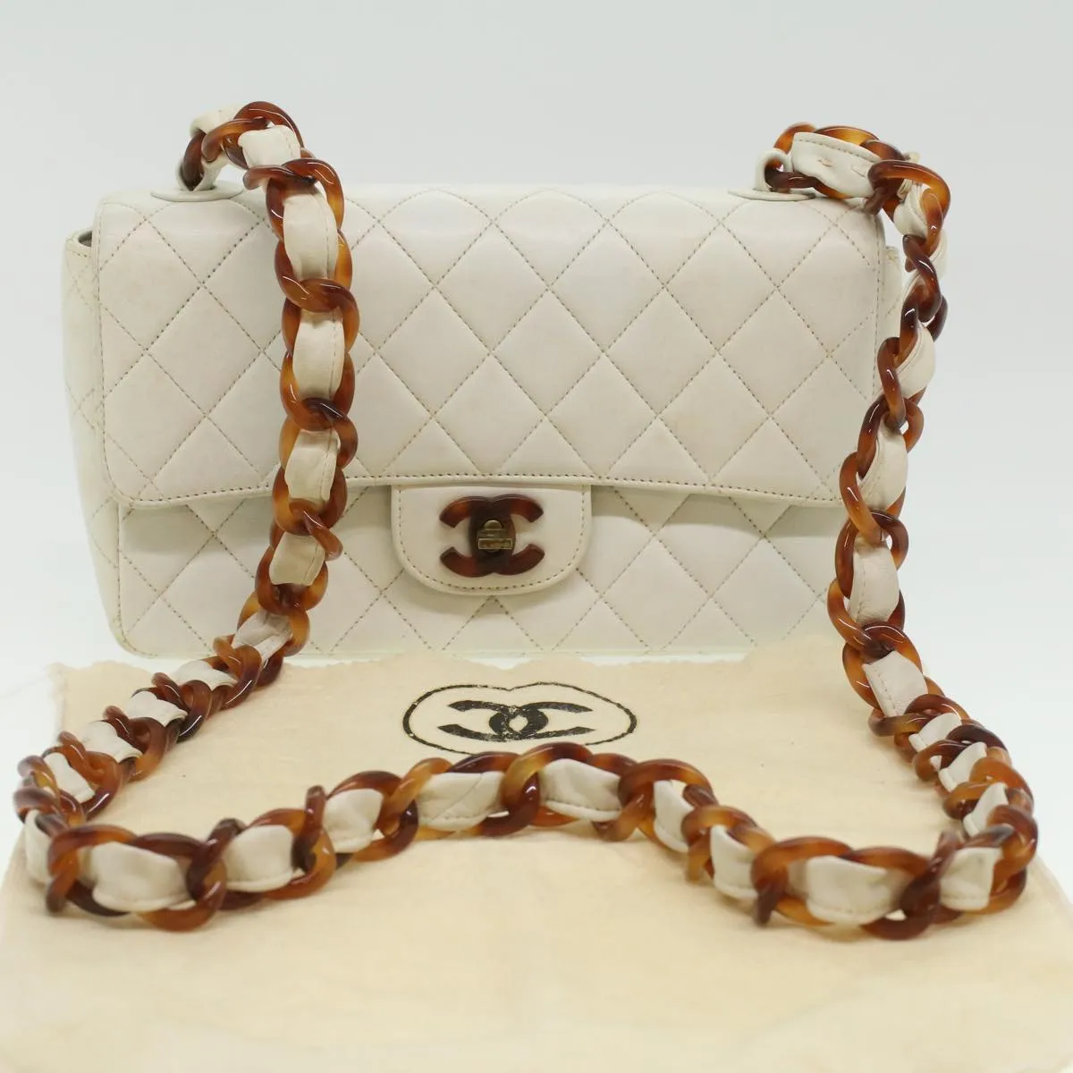 Chanel Matelasse Turn Lock Shoulder Bag Lamb Skin Brown White CC  32160A