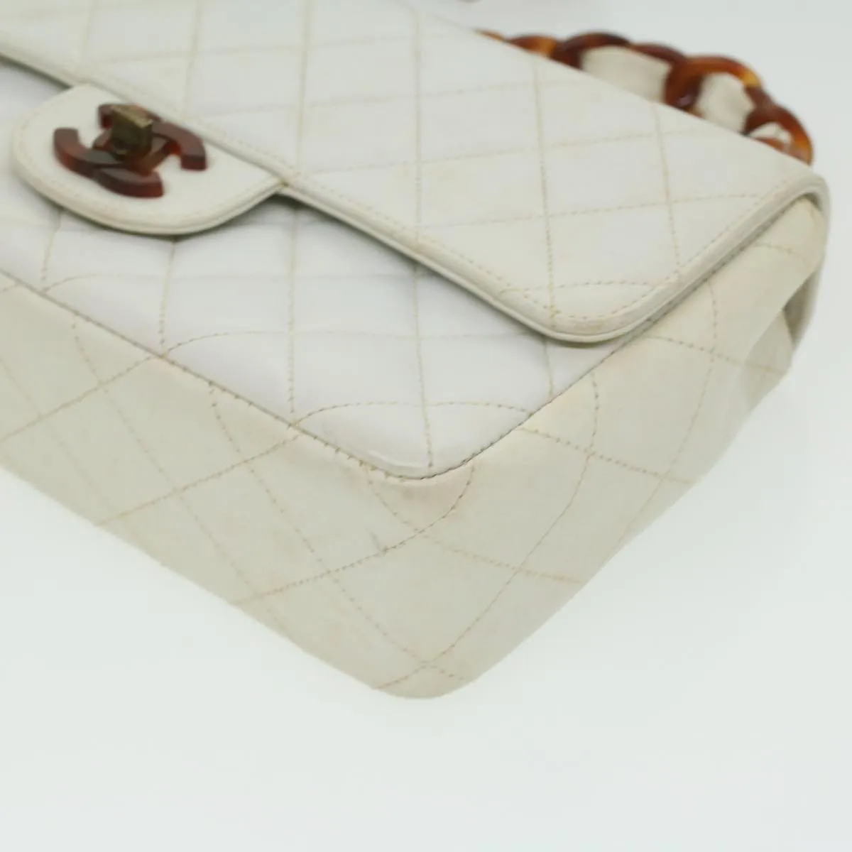 Chanel Matelasse Turn Lock Shoulder Bag Lamb Skin Brown White CC  32160A