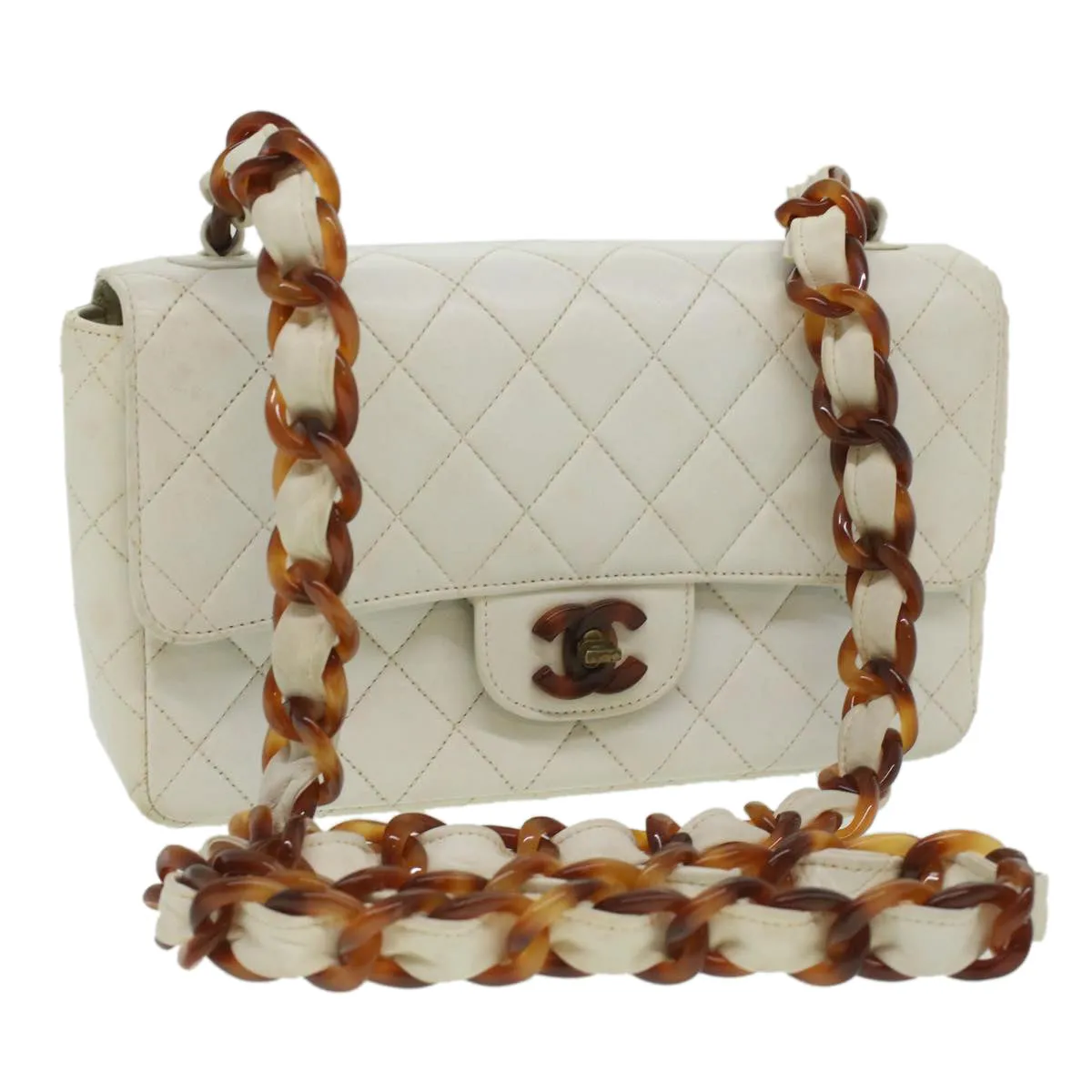 Chanel Matelasse Turn Lock Shoulder Bag Lamb Skin Brown White CC  32160A