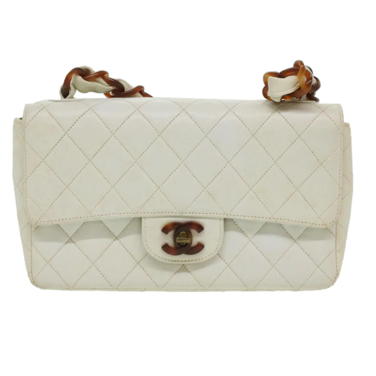 Chanel Matelasse Turn Lock Shoulder Bag Lamb Skin Brown White CC  32160A