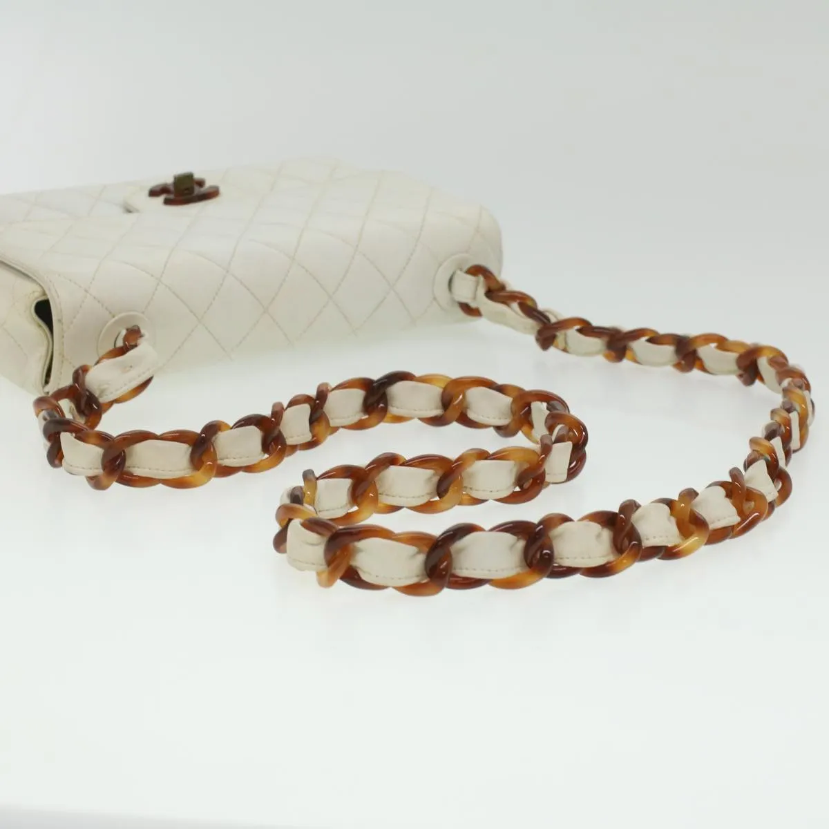 Chanel Matelasse Turn Lock Shoulder Bag Lamb Skin Brown White CC  32160A