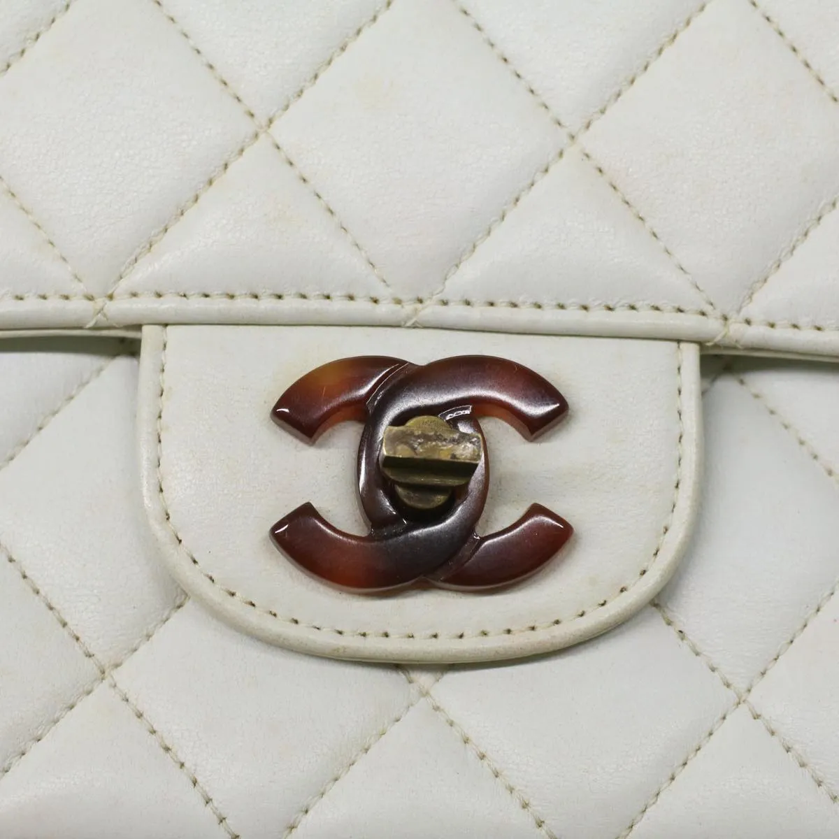 Chanel Matelasse Turn Lock Shoulder Bag Lamb Skin Brown White CC  32160A