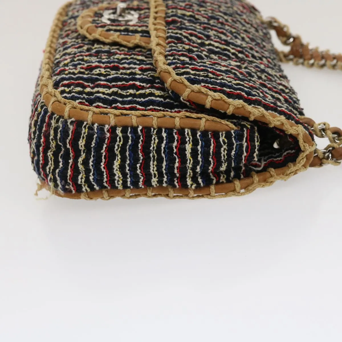 Chanel Matelasse Tweed Turn Lock Chain Shoulder Bag Navy Brown CC  nh616A