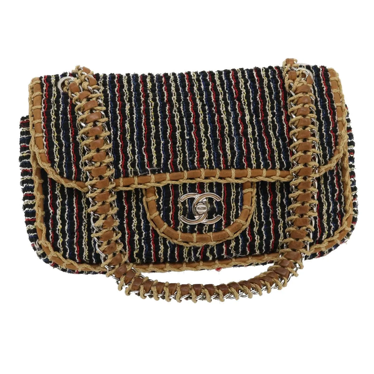 Chanel Matelasse Tweed Turn Lock Chain Shoulder Bag Navy Brown CC  nh616A