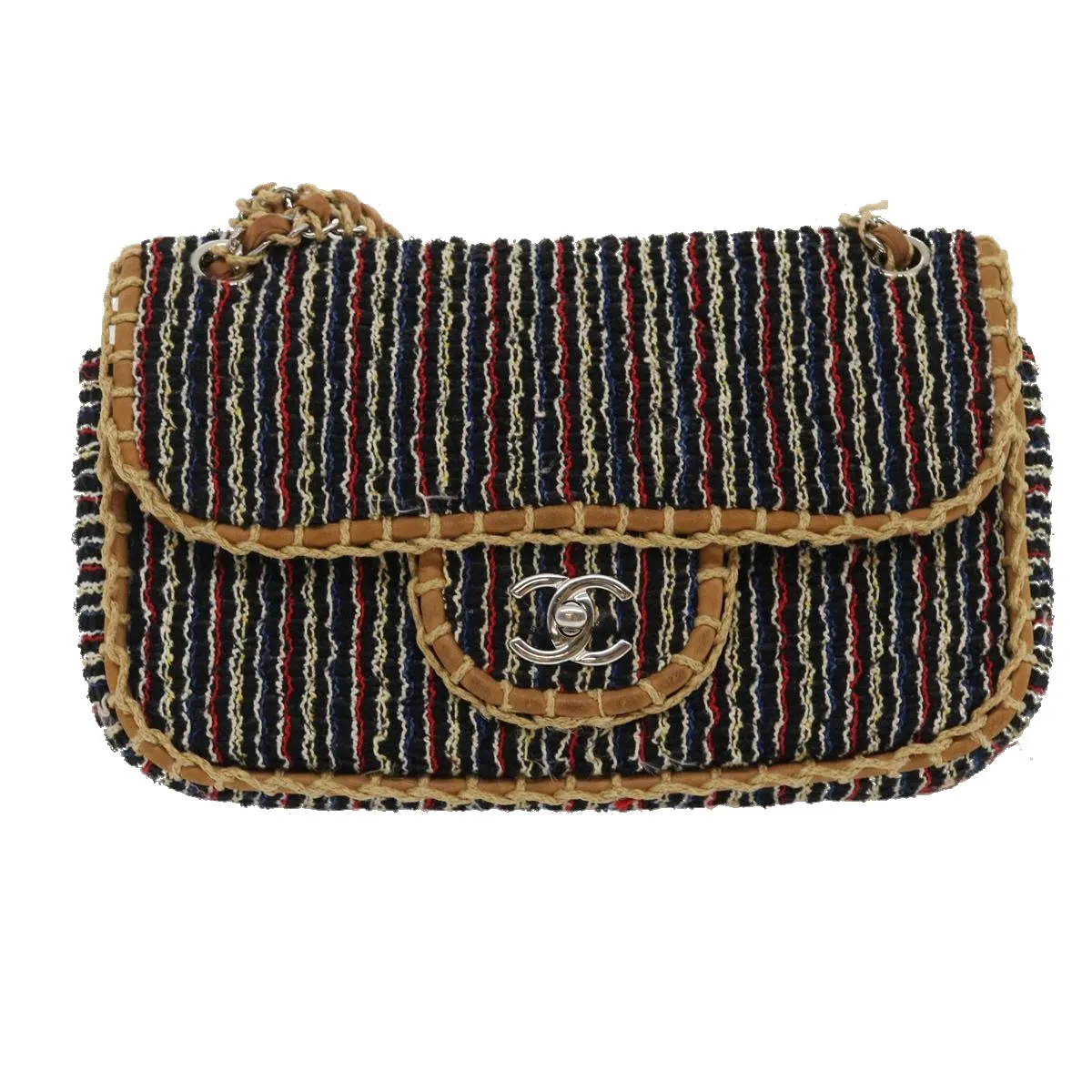 Chanel Matelasse Tweed Turn Lock Chain Shoulder Bag Navy Brown CC  nh616A