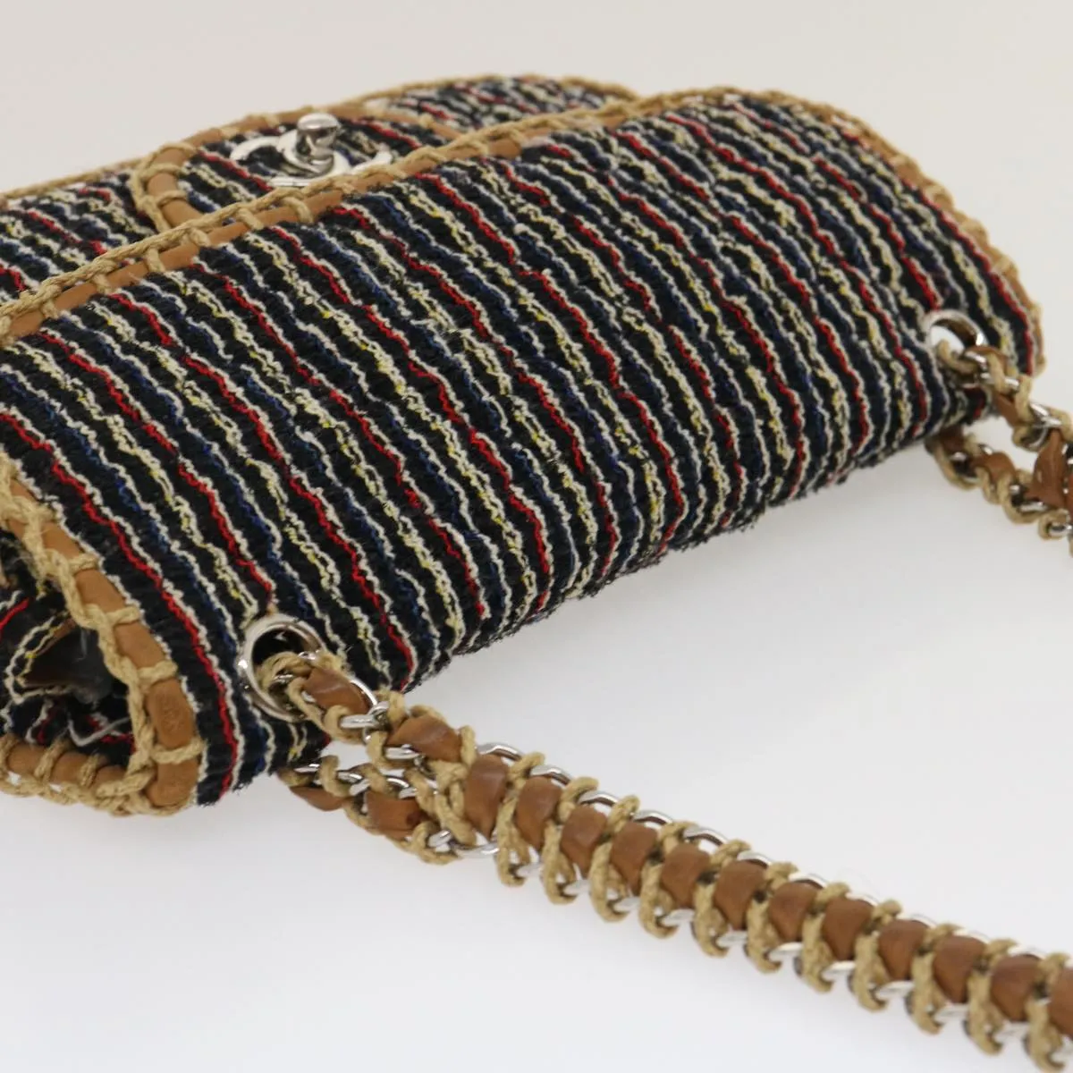 Chanel Matelasse Tweed Turn Lock Chain Shoulder Bag Navy Brown CC  nh616A
