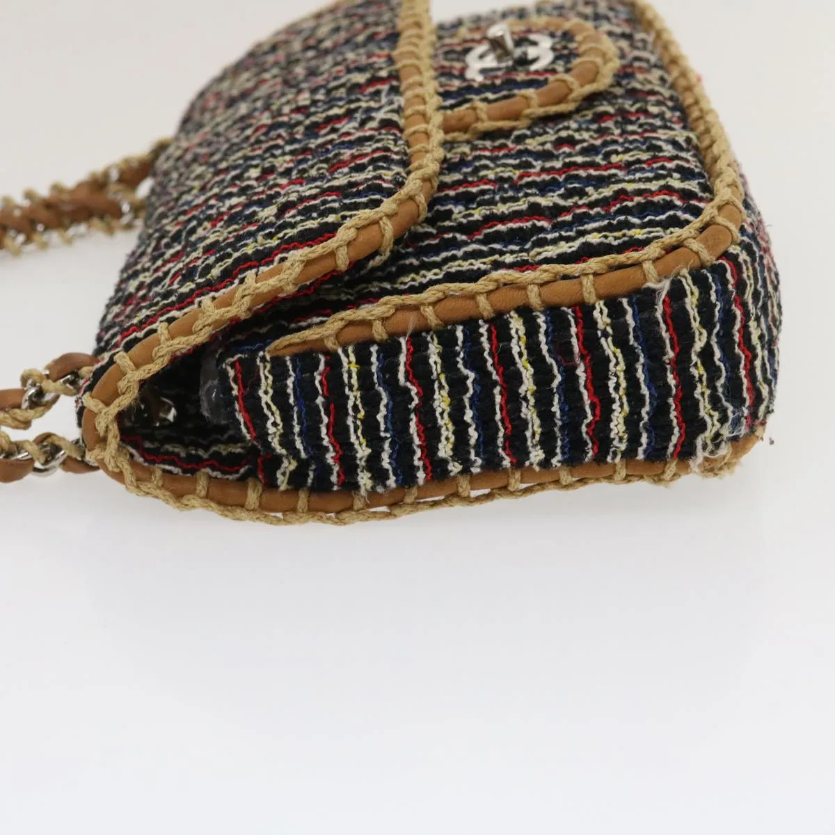 Chanel Matelasse Tweed Turn Lock Chain Shoulder Bag Navy Brown CC  nh616A