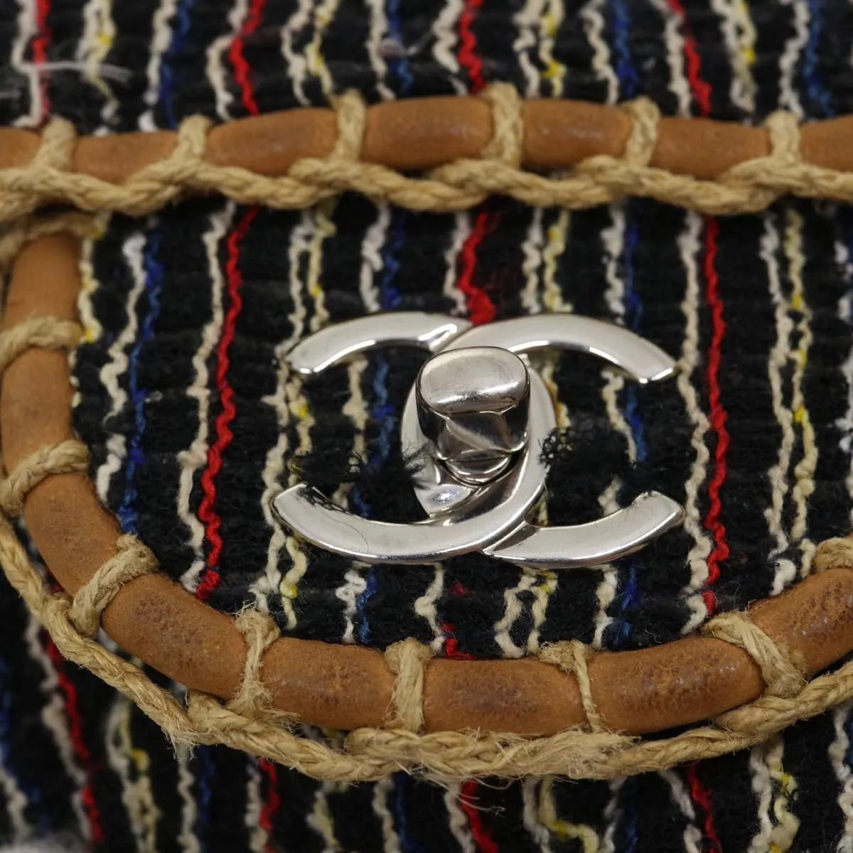 Chanel Matelasse Tweed Turn Lock Chain Shoulder Bag Navy Brown CC  nh616A