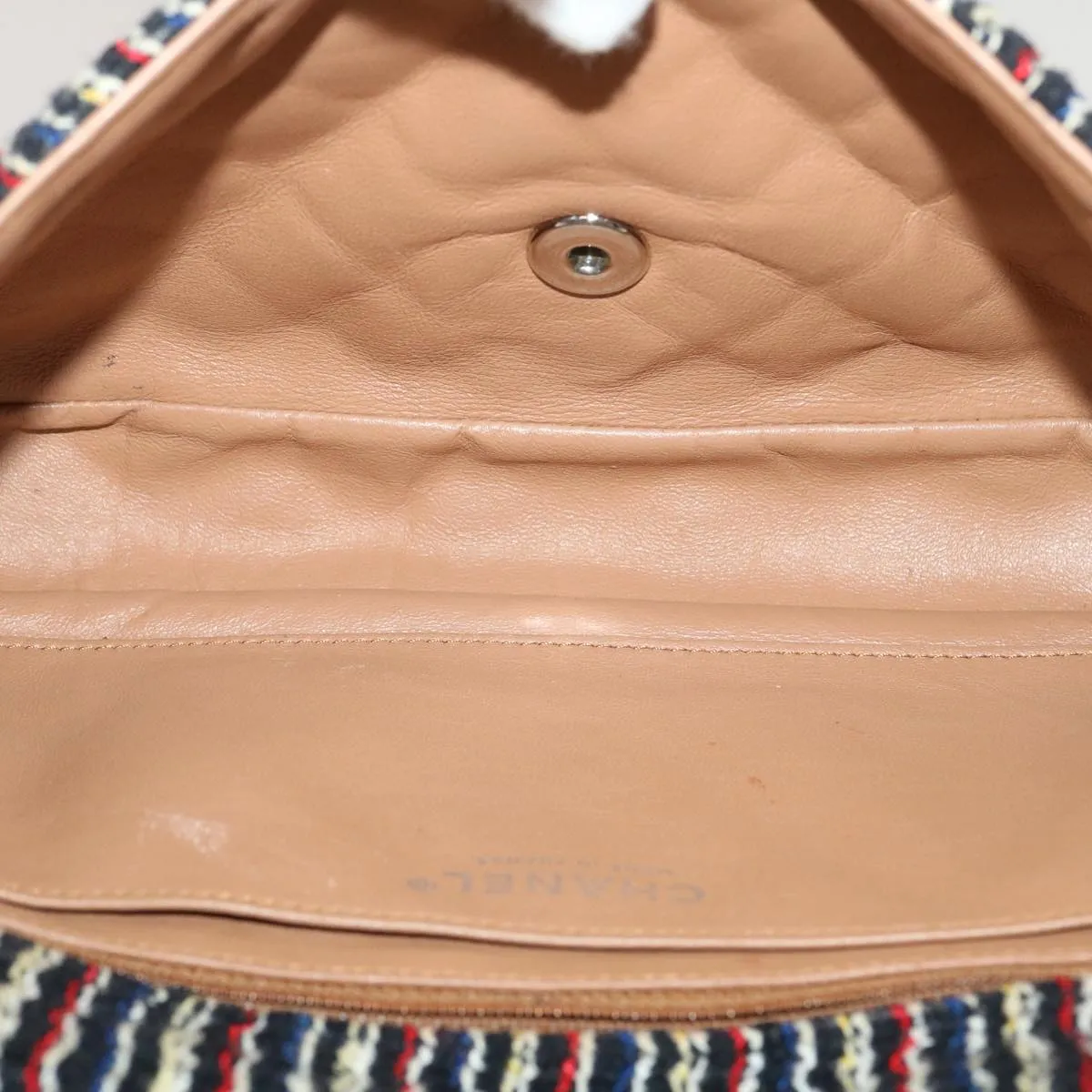 Chanel Matelasse Tweed Turn Lock Chain Shoulder Bag Navy Brown CC  nh616A