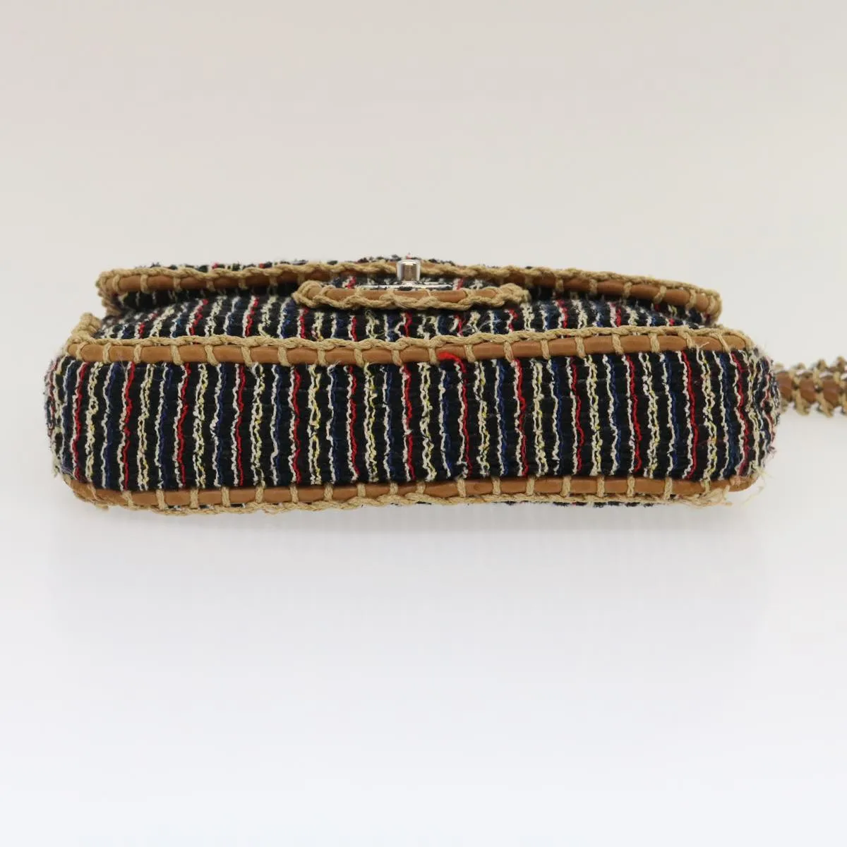 Chanel Matelasse Tweed Turn Lock Chain Shoulder Bag Navy Brown CC  nh616A