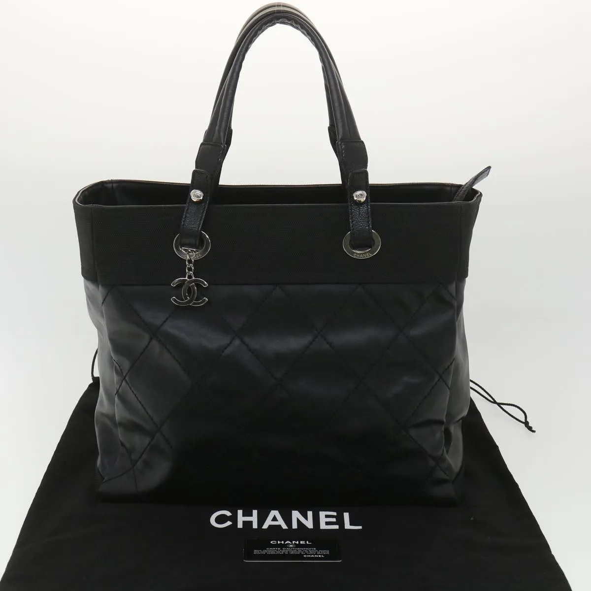 Chanel Paris Biarritz MM Tote Bag Coated Canvas Black CC  37855